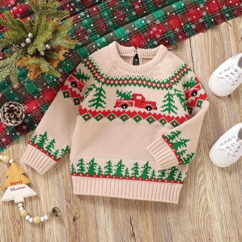 0-3Y Infant Baby Boys Christmas Sweaters Long Sleeve Round Neck Xmas Trees Embroidery Knit Pullovers Jumper Top