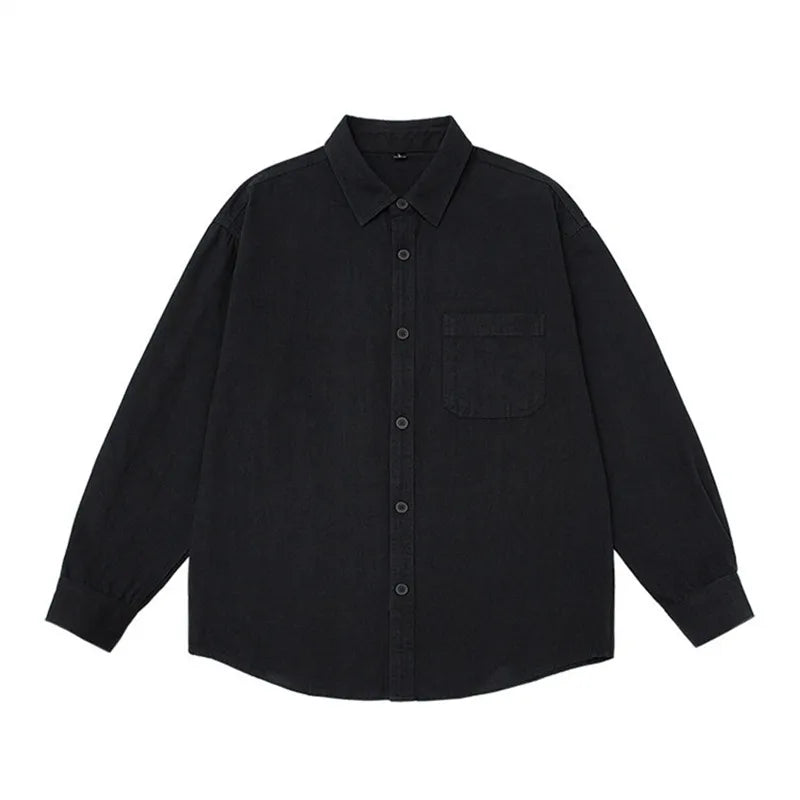 Men's Cotton Casual Spring Autumn Long Sleeve Canvas Loose Turn Down Collar Shirt