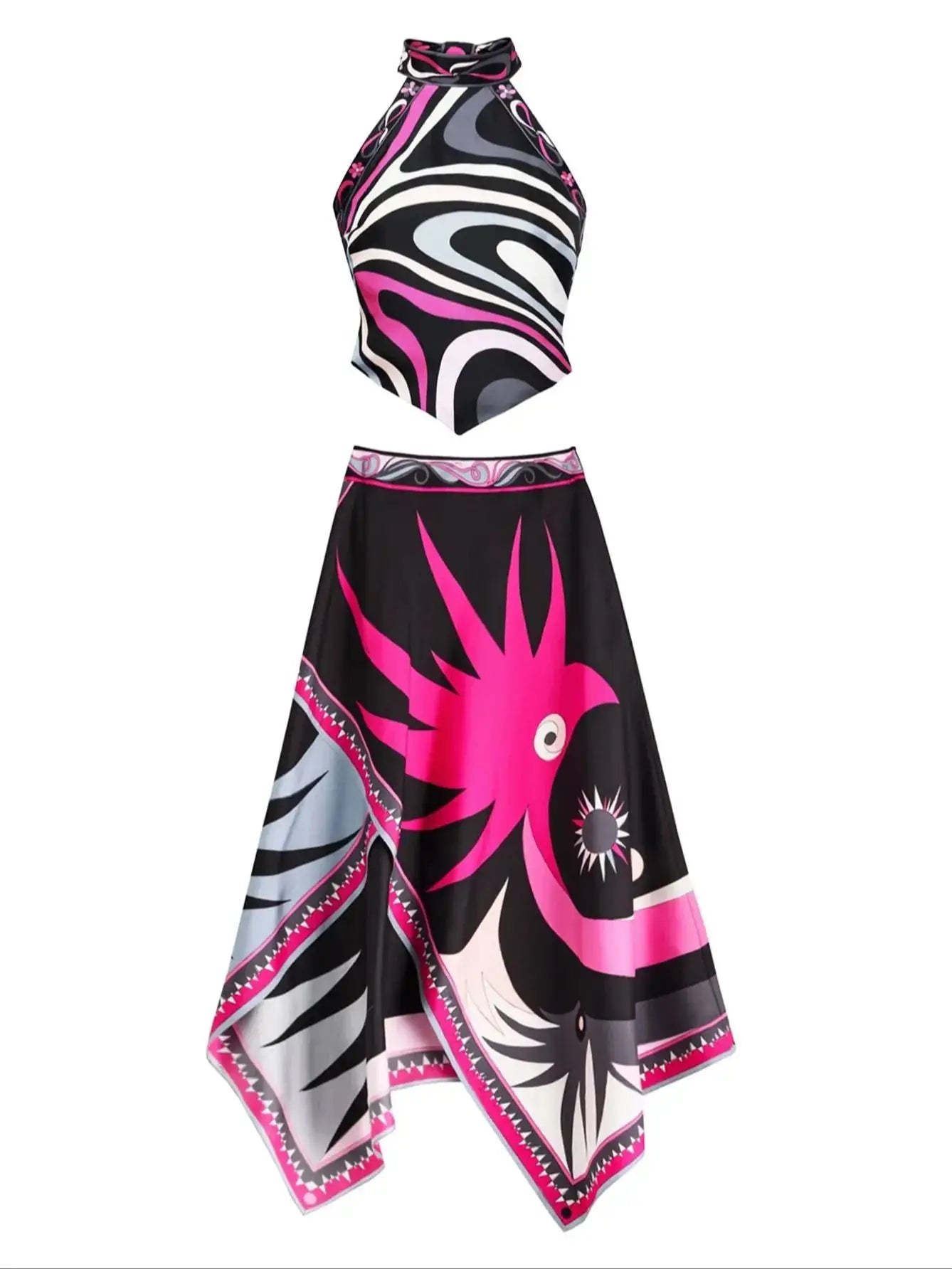 Women's Print Two Piece Skirt  Halter Beach Dress  Bra High Waist A-line Long Skirt Suit Summer  Set
