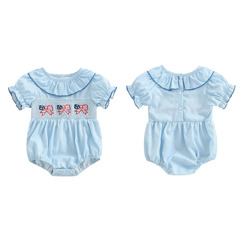 Baby Girls' Independence Day Romper - Dot Print Bow Flag Embroidery Ruffled Jumpsuit
