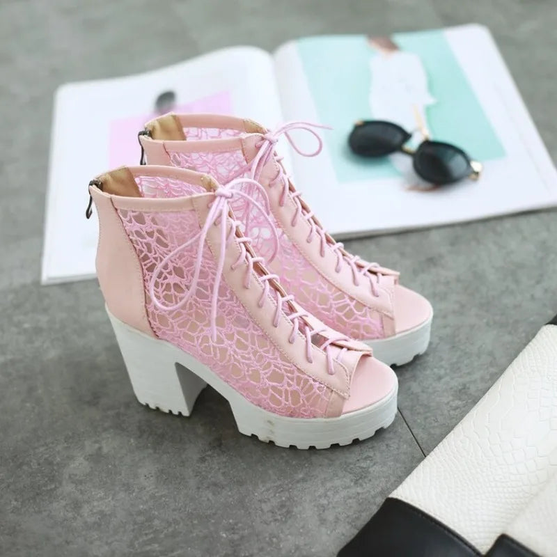 Women's Open Toe Summer Short Back Zipper Leather Mesh Hollow Cool Boots