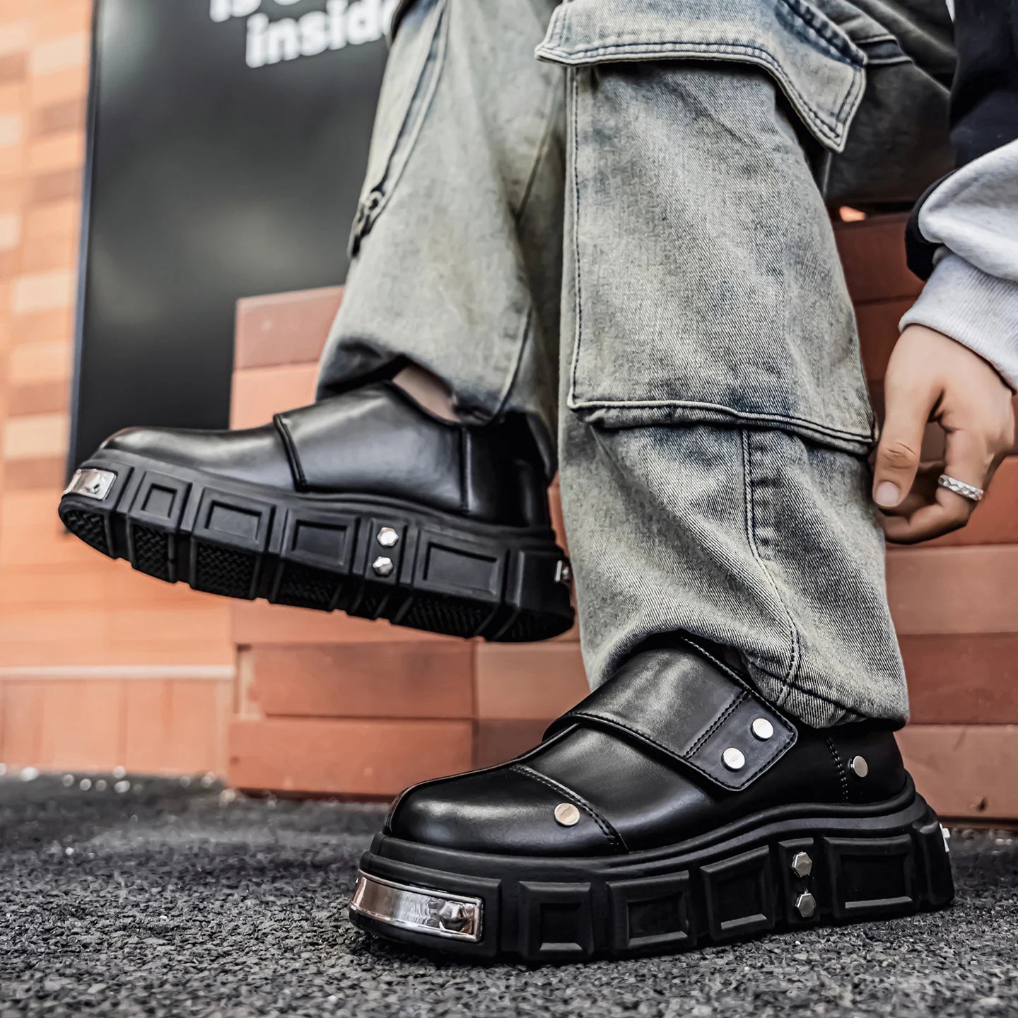 Men's Leather Platform Derby Shoes - Metal Detail Casual Dress Sneakers