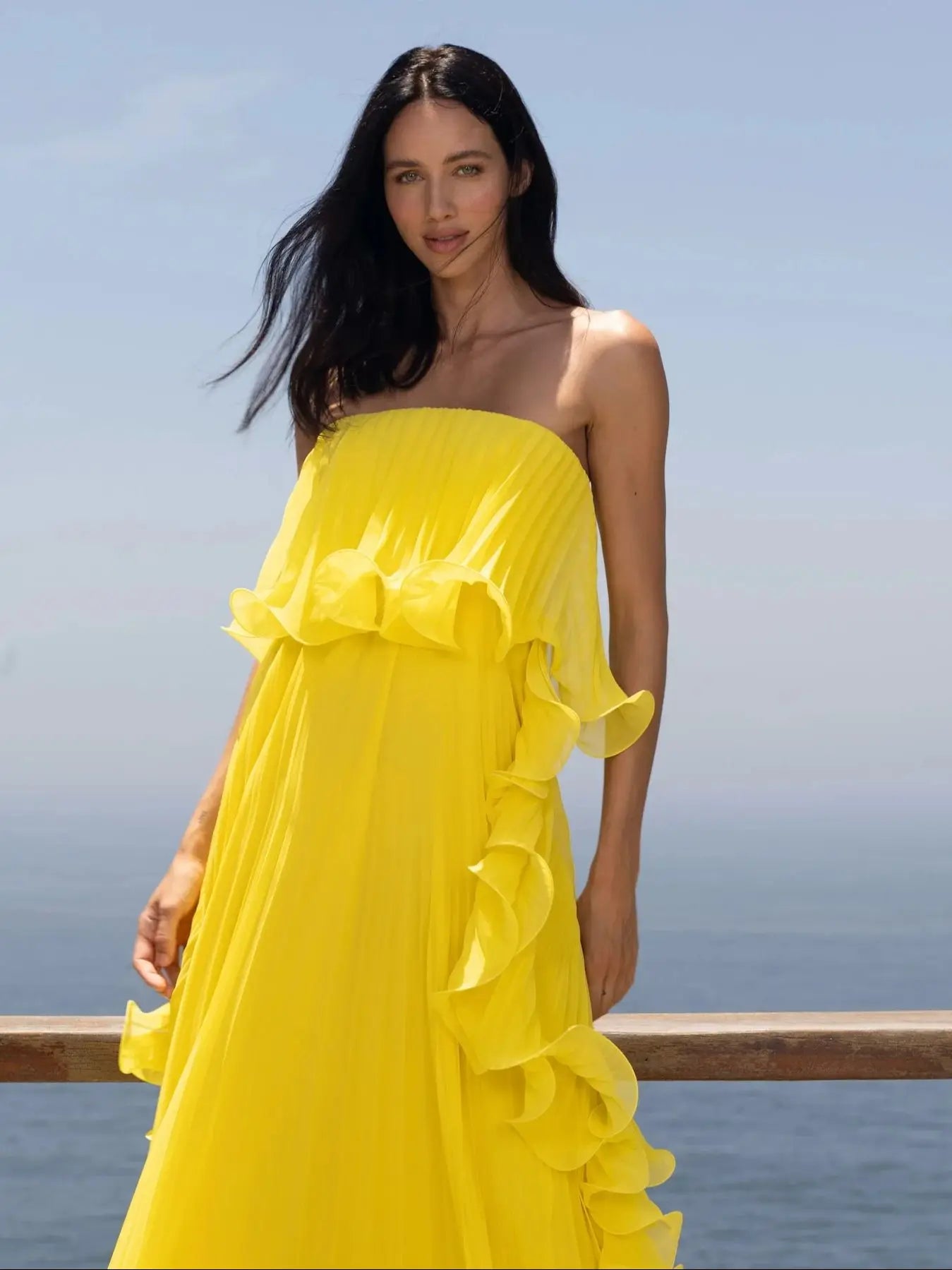 Pleated Wrap Maxi Dress - Off-Shoulder Cape Gown