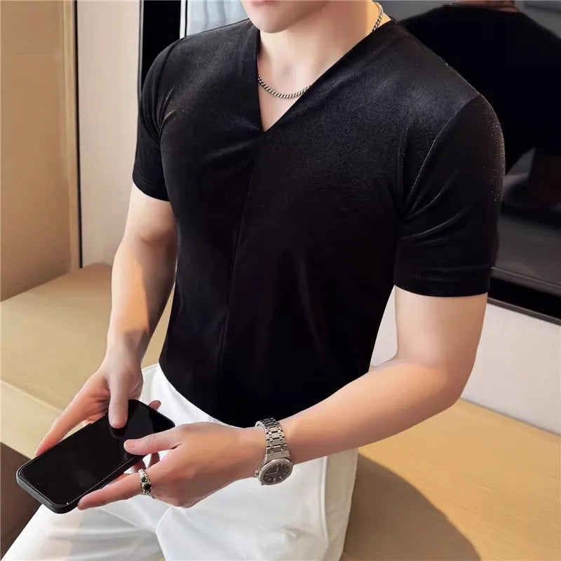 Men's Summer V-Neck Short Sleeve Elastic Slim Fit Breathable T-Shirt