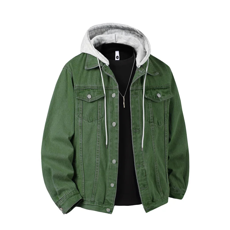 Men's Hooded Denim Jacket - Casual Streetwear Outerwear with Detachable Hood