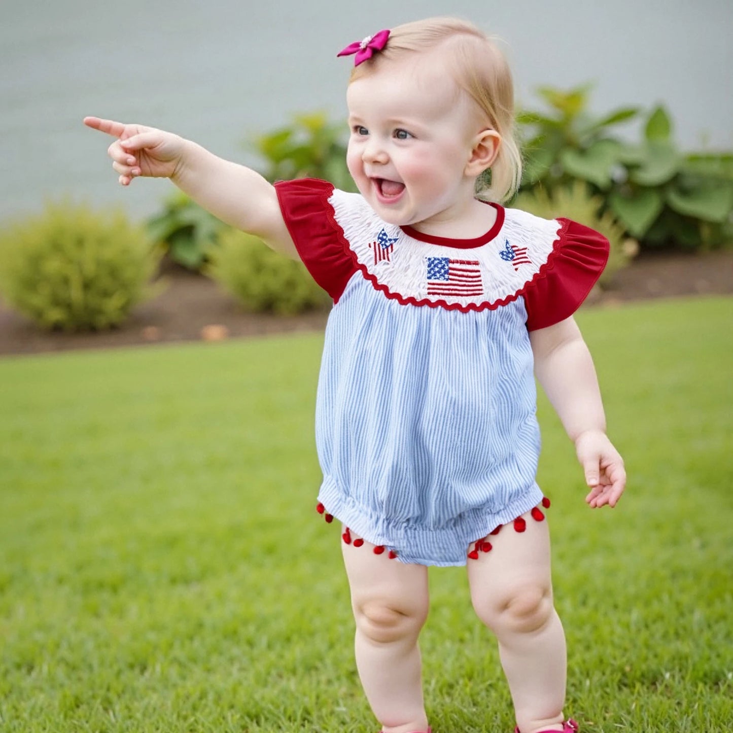 Baby Girls Summer Romper - Ruffles Tassel Flutter Sleeve Striped Flag Embroidery (0-18M)