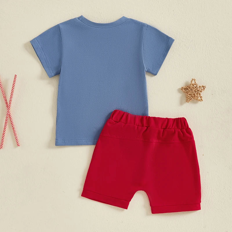 0-4Y Toddler Kids Boys American Flag Clothes Sets Letter Flag Embroidery Crew Neck Short Sleeve T-Shirt and Shorts