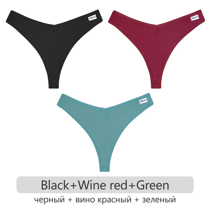 Women's Cotton Waffle Thongs 3-Piece Set - Low-Rise Comfortable Underwear