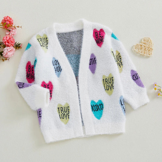 1-5Y Children's Kids Girls Cardigan Sweater For Valentine Days Heart Letter Print Warm Knitted Long Sleeves Knitwear