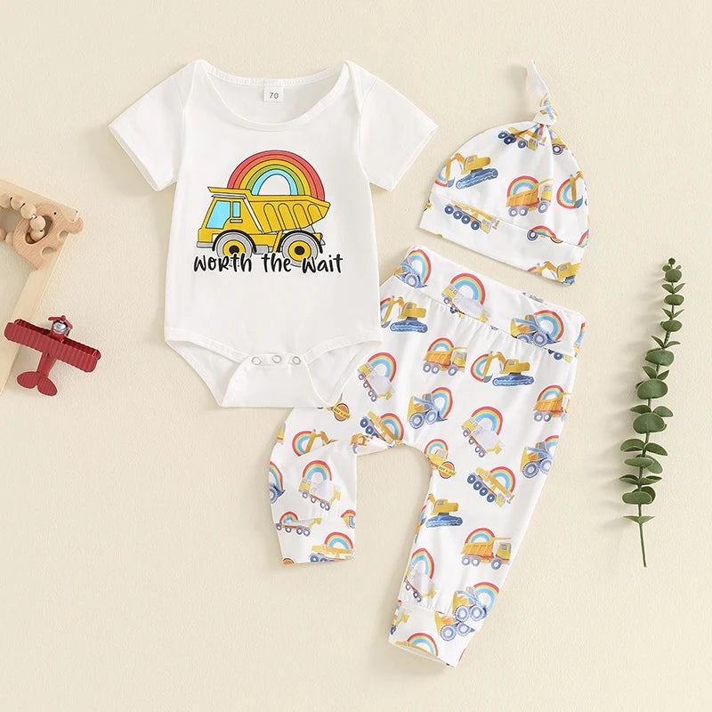 0-18M 3pcs Baby Boys Western Clothes Set - Cow/Cartoon Letter Print Short Sleeve Romper with Pants and Hat