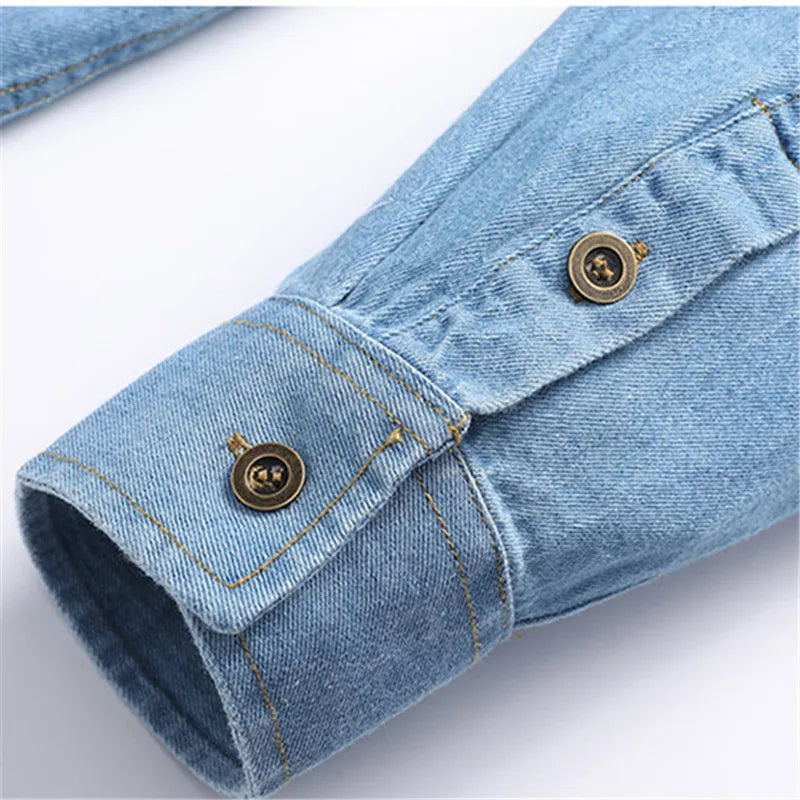 Men's Cotton Long Sleeve Loose Turn Down Collar Denim Shirt