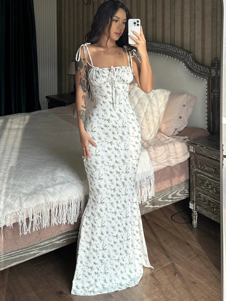 Women's Floral Off Shoulder Lace Up Deep V Neck  Long Dress