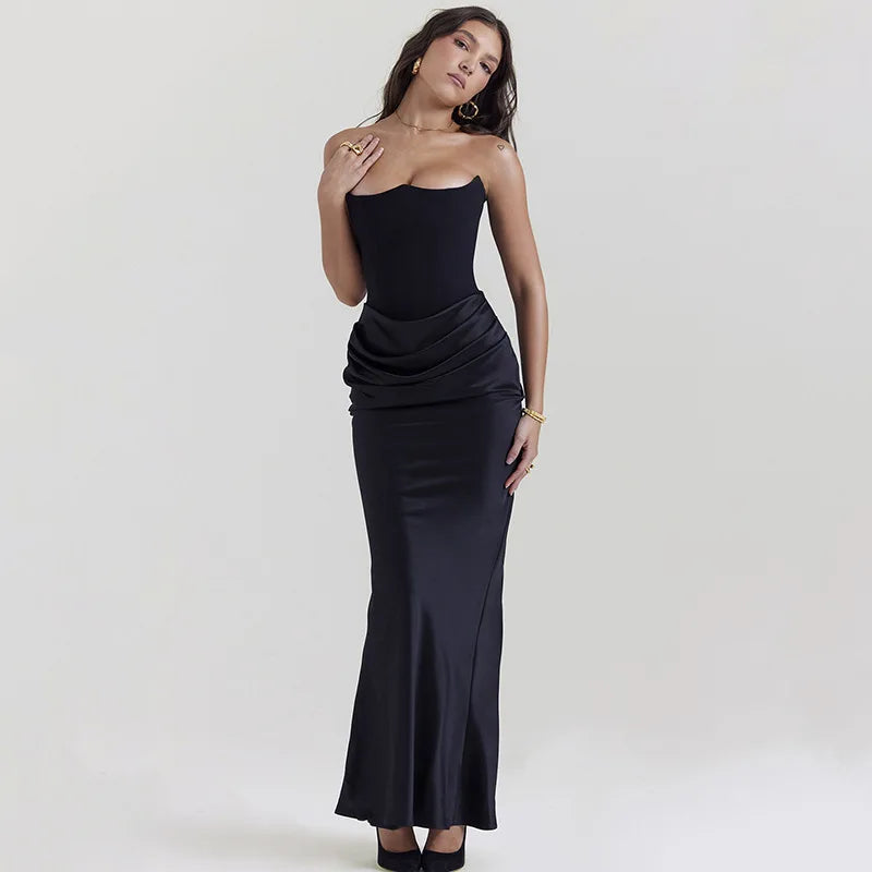 Strapless Corset Maxi Dress - Women Satin Summer Gown Dress