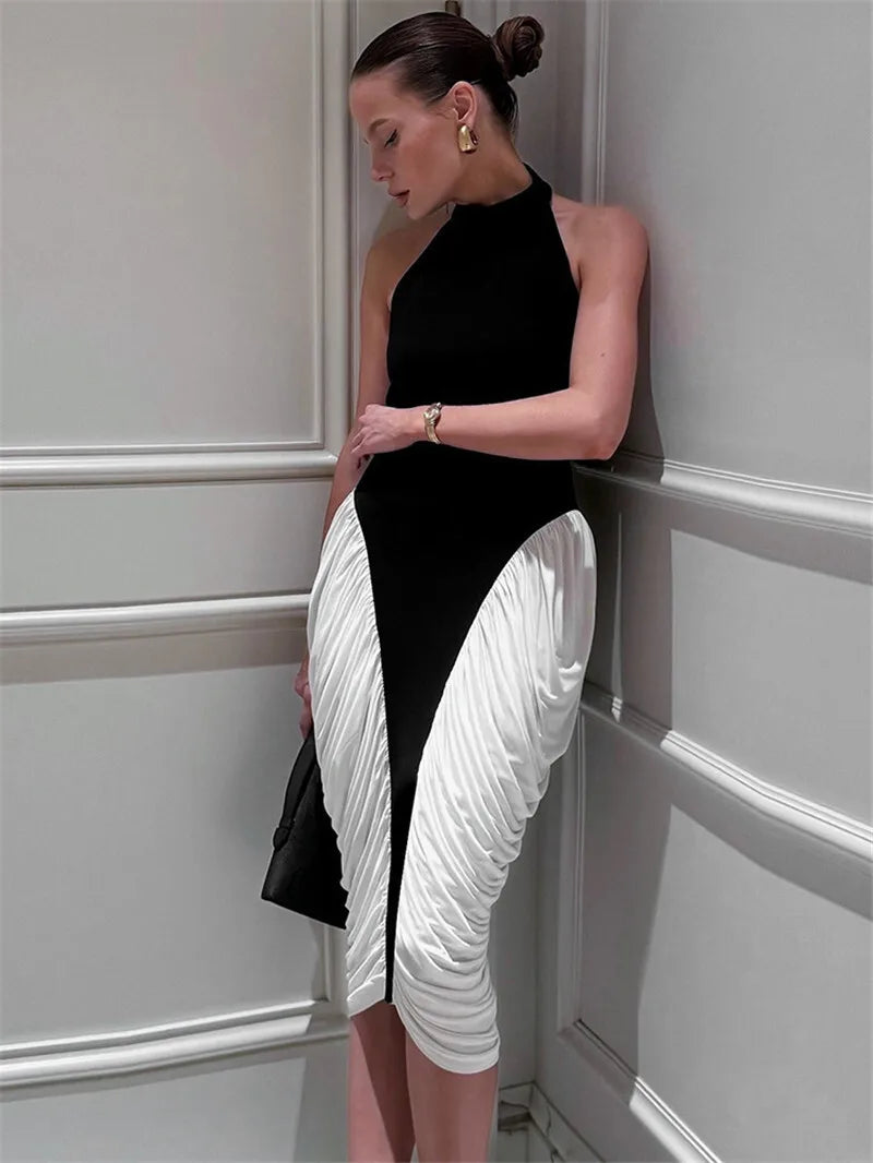 Women's Patchwork Halter Backless Midi  Contrast Color Sleeveless Pleated Long Dress