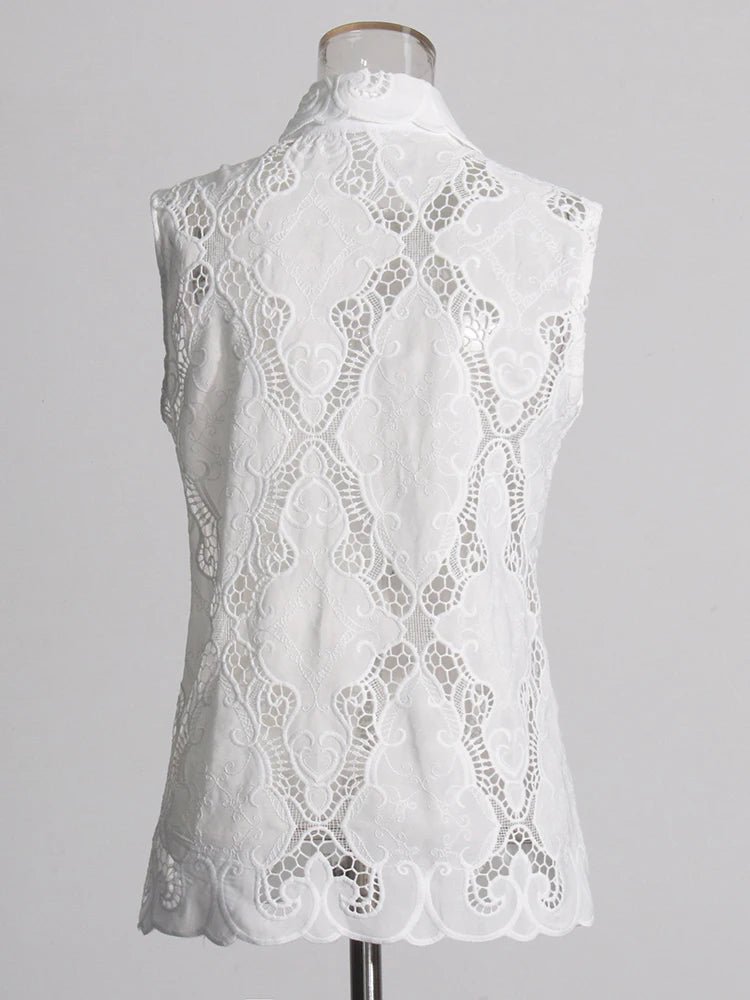 Women's Solid Hollow Out Two Piece Set - Stand Collar Sleeveless Top & Wide Leg Trousers