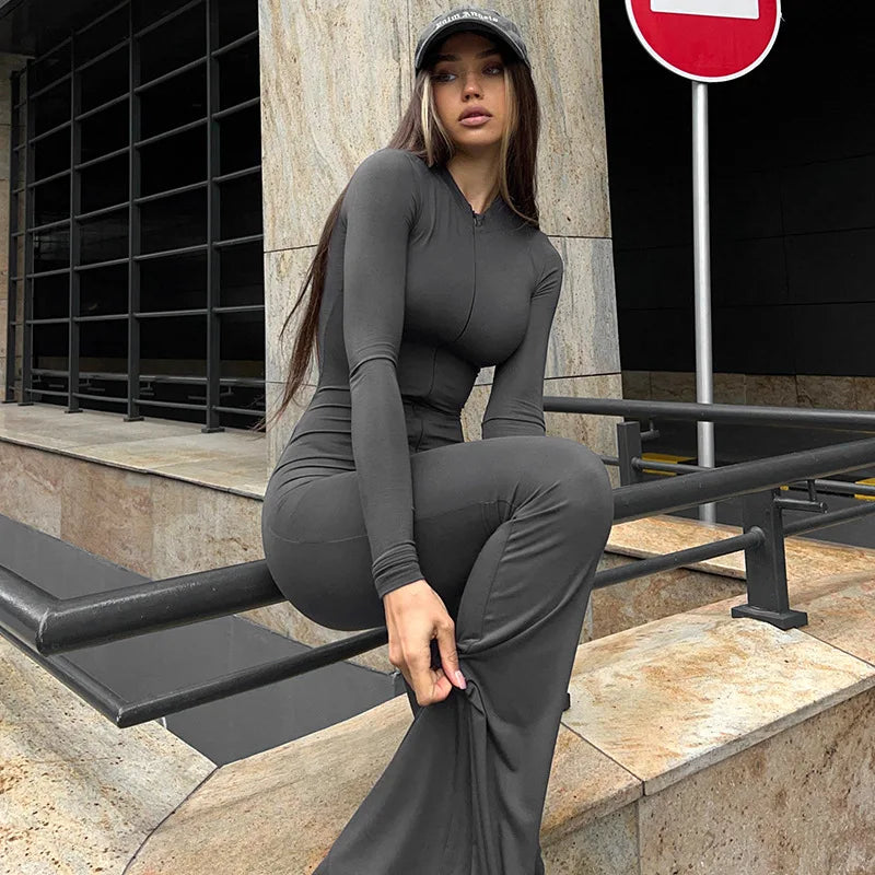 Women's Casual Zip Up Bodycon Jumpsuit - Unitards One Piece Long Sleeve Rompers Overalls