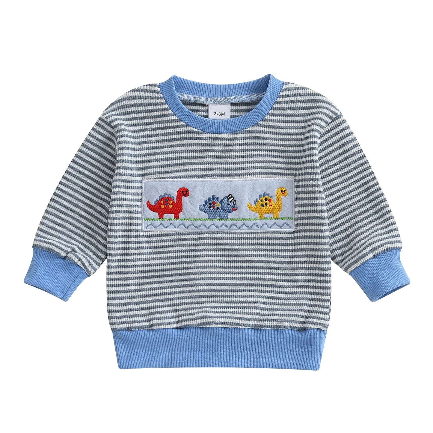 Baby Boys Car/Dinosaur Embroidered Striped Print Pullover Waffle Knit Top