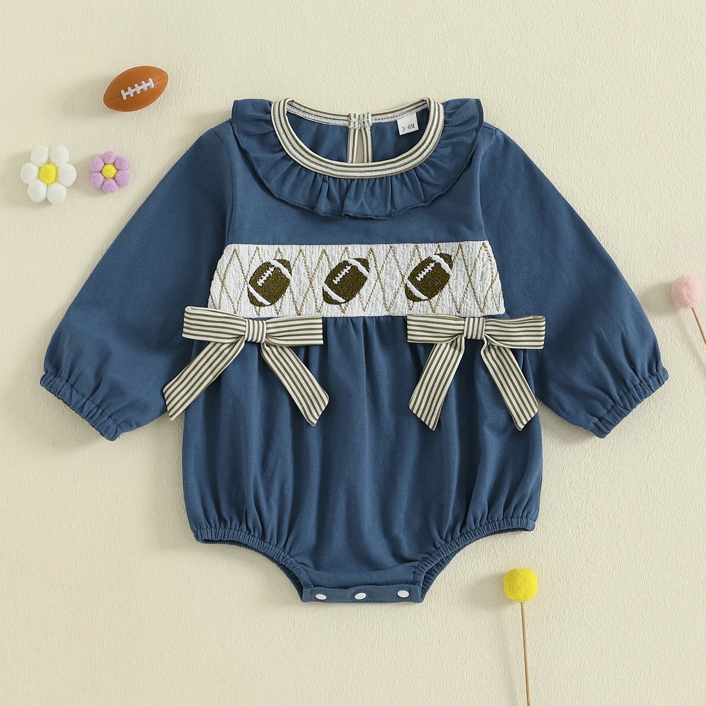 Baby Girls Autumn Winter Romper - Football Embroidery Ruffled Bubble Jumpsuit with Bow (0-18M)