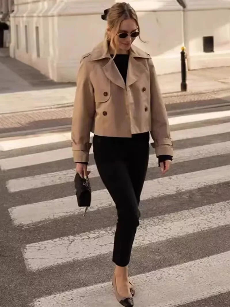Cropped Trench Coat - Double Breasted Vintage Short Jacket