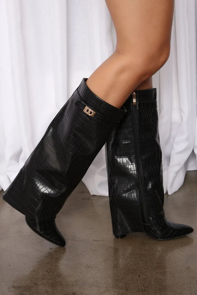Women's Wedge Leather Mid-Calf Boots - 10cm Heel Metal Buckle Boots