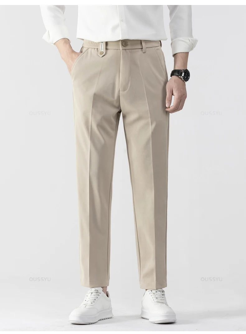Men's Ankle-Length Straight Leg Trousers | Elastic Waist | Sash Detail | Midweight | All Season | Smart Casual
