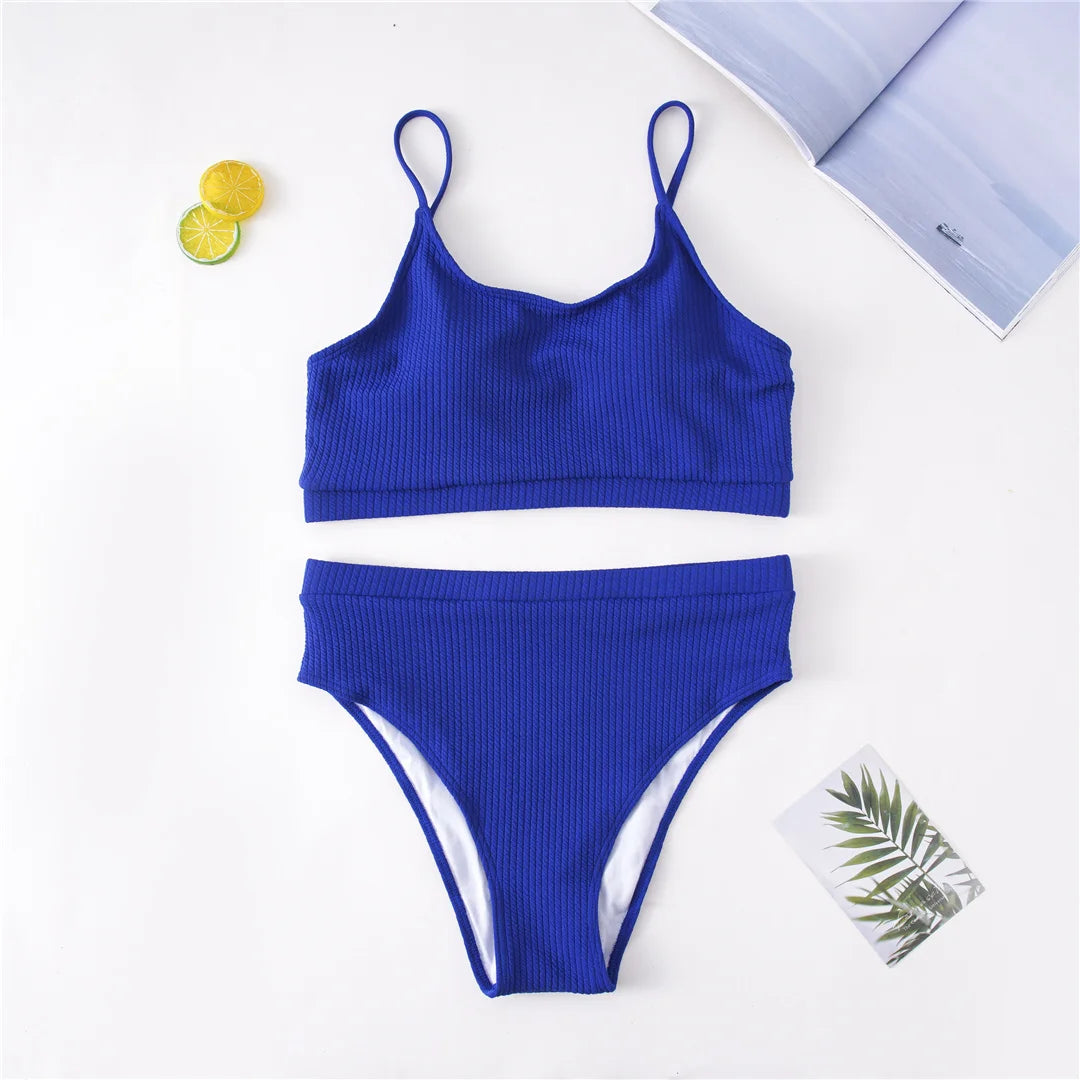 Ribbed Bikini Set - High Waist Two Piece Swimsuit