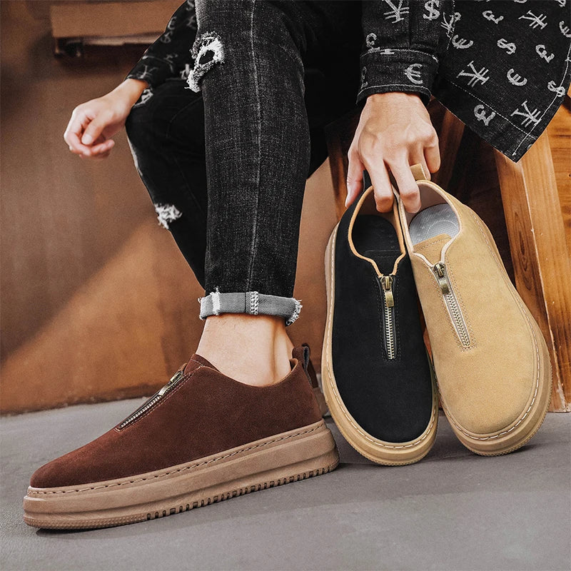 Men's Suede Leather Platform Work Shoes - Zipper Casual Business Sneakers