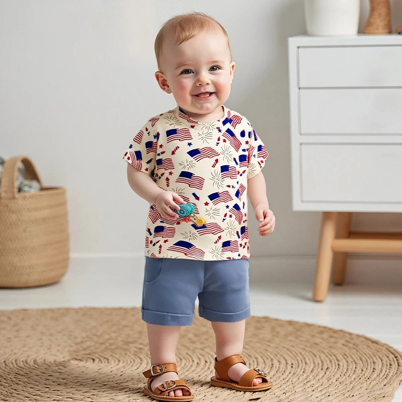 0-3Y Infant Baby Boys American Flag Clothes Sets Short Sleeve Flag Print T Shirts Drawstring Shorts Set