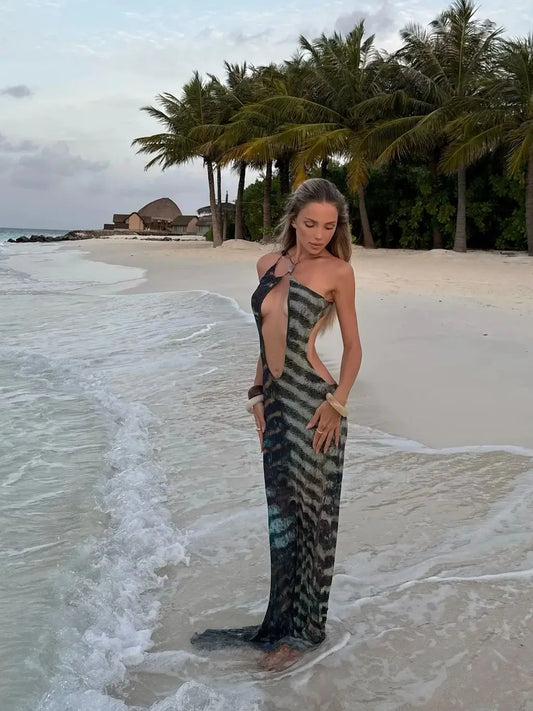 Women's Print Mesh Halter Tie Up Bead Naked Waist A-line Maxi Summer Beach Dress