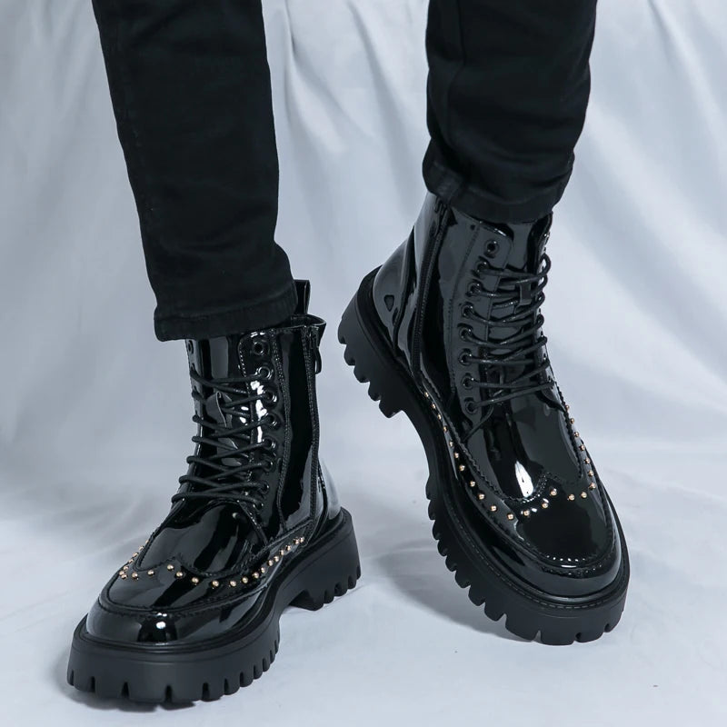 Platform Leather Boots - Men's Motorcycle Style Thick Sole Dress Sneakers