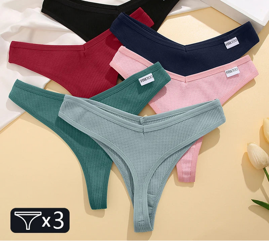 Women's Cotton Waffle Thongs 3-Piece Set - Low-Rise Comfortable Underwear