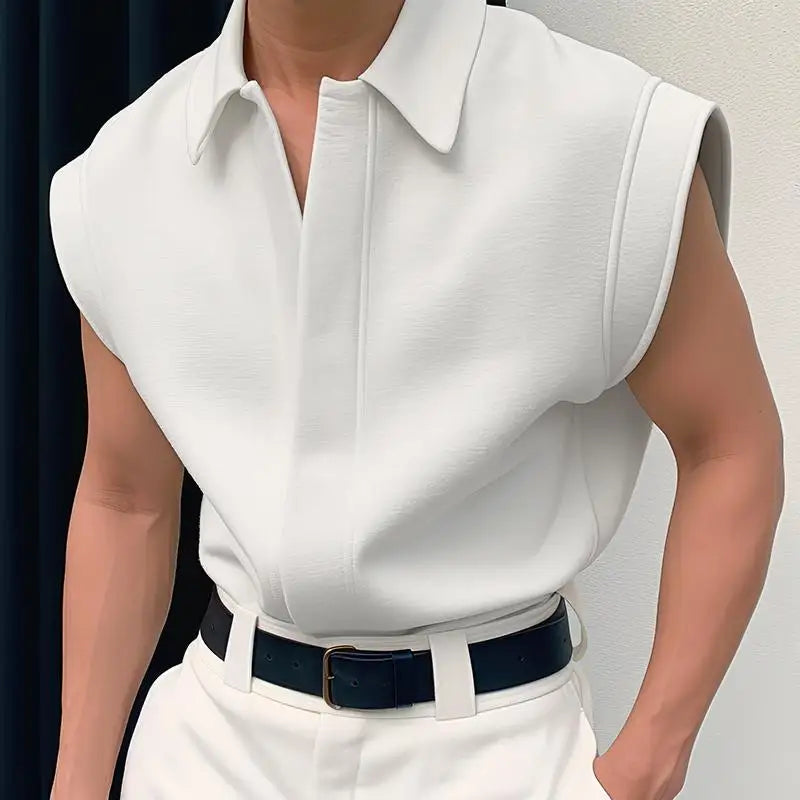 Men Summer Solid Colour Lapel Sleeveless Shirt