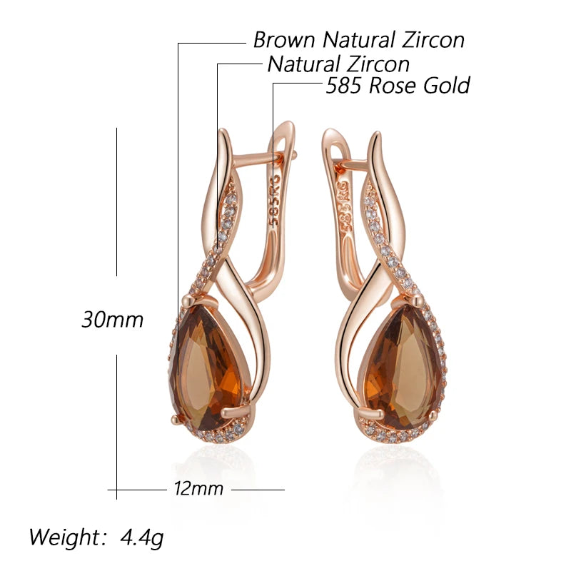 Light Brown Natural Zircon English Earrings for Women Water Droplets 585 Rose Gold Colour