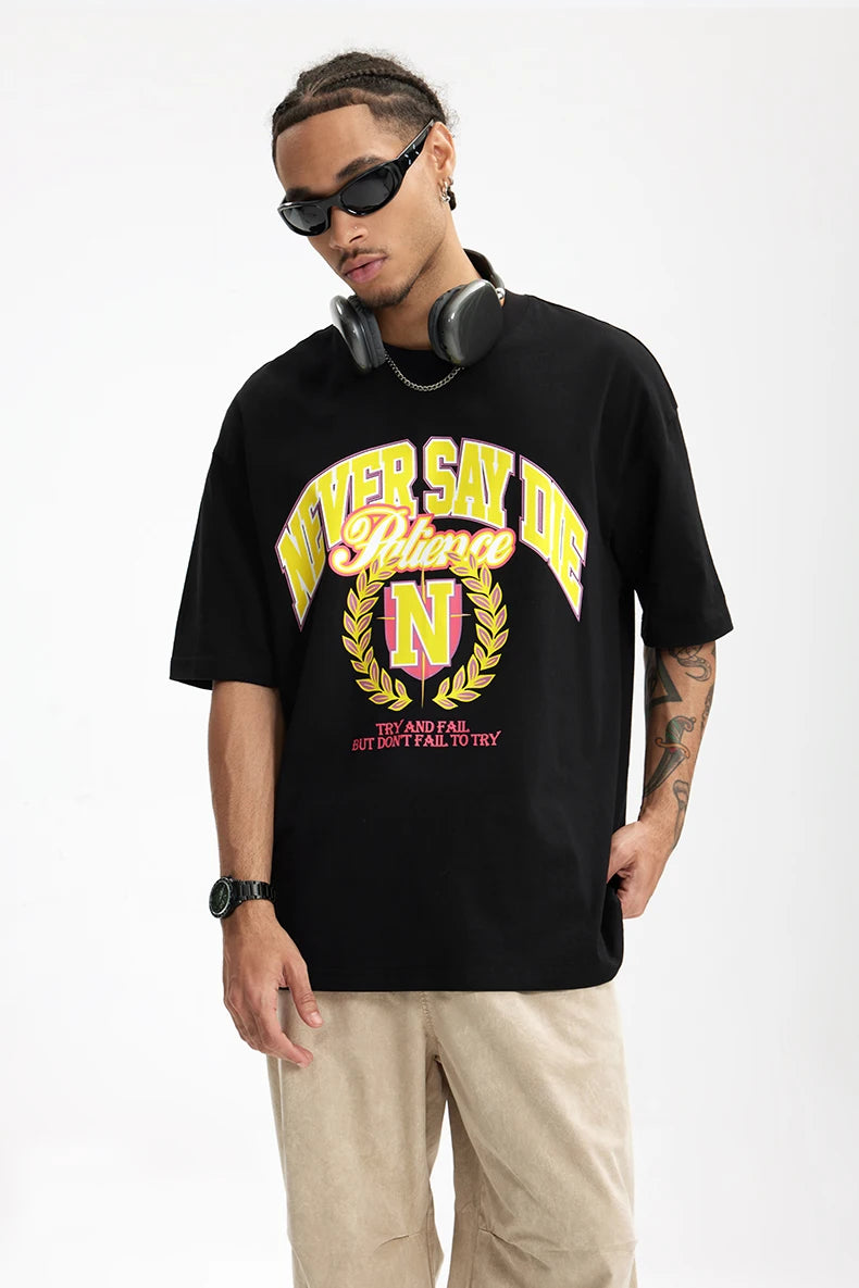 Men's College Printed Suede Beaded American Style Loose Short Sleeve T-Shirt