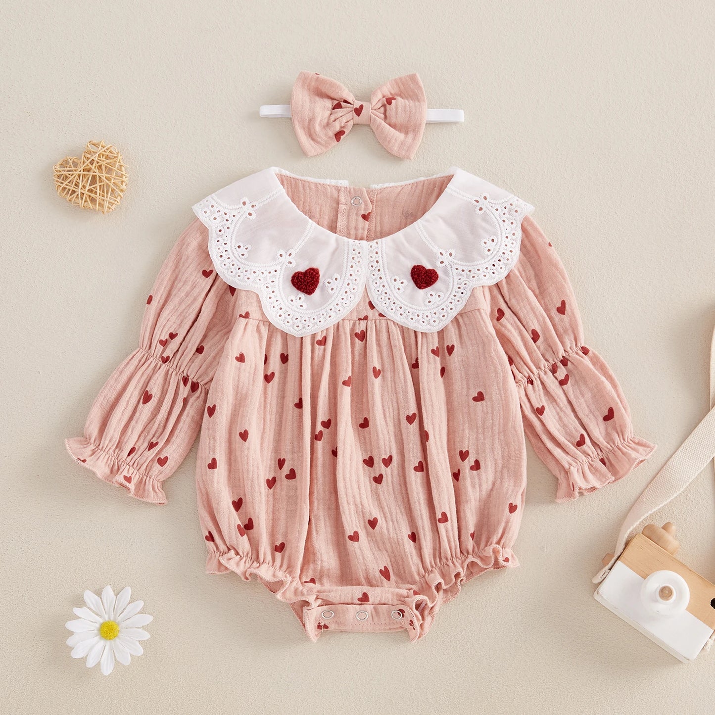 Baby Girls Striped Romper with Heart Embroidery & Hairband Set (0-18M)