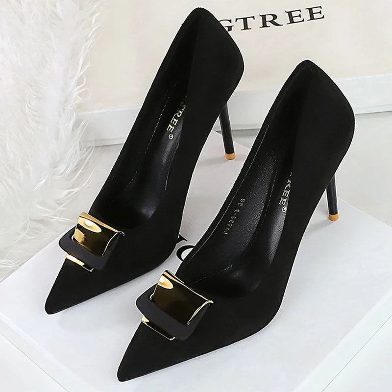 Women's Metal Buckle Decoration Pumps Suede High Heels Stilettos Heels Shoes