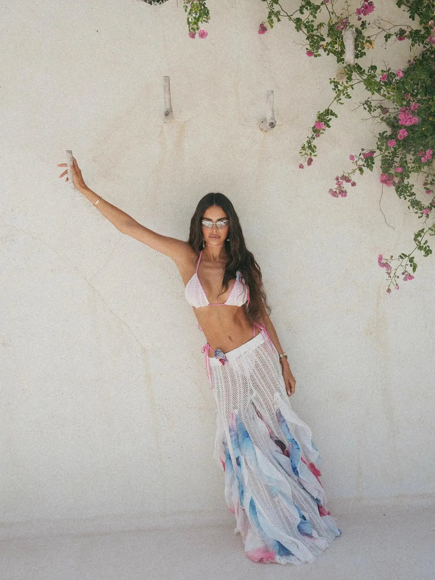 Women's 3 Pcs Knit Bikini With Pants Wide-Leg Ruffle Lace Pants Summer Tube Top with Pants Set