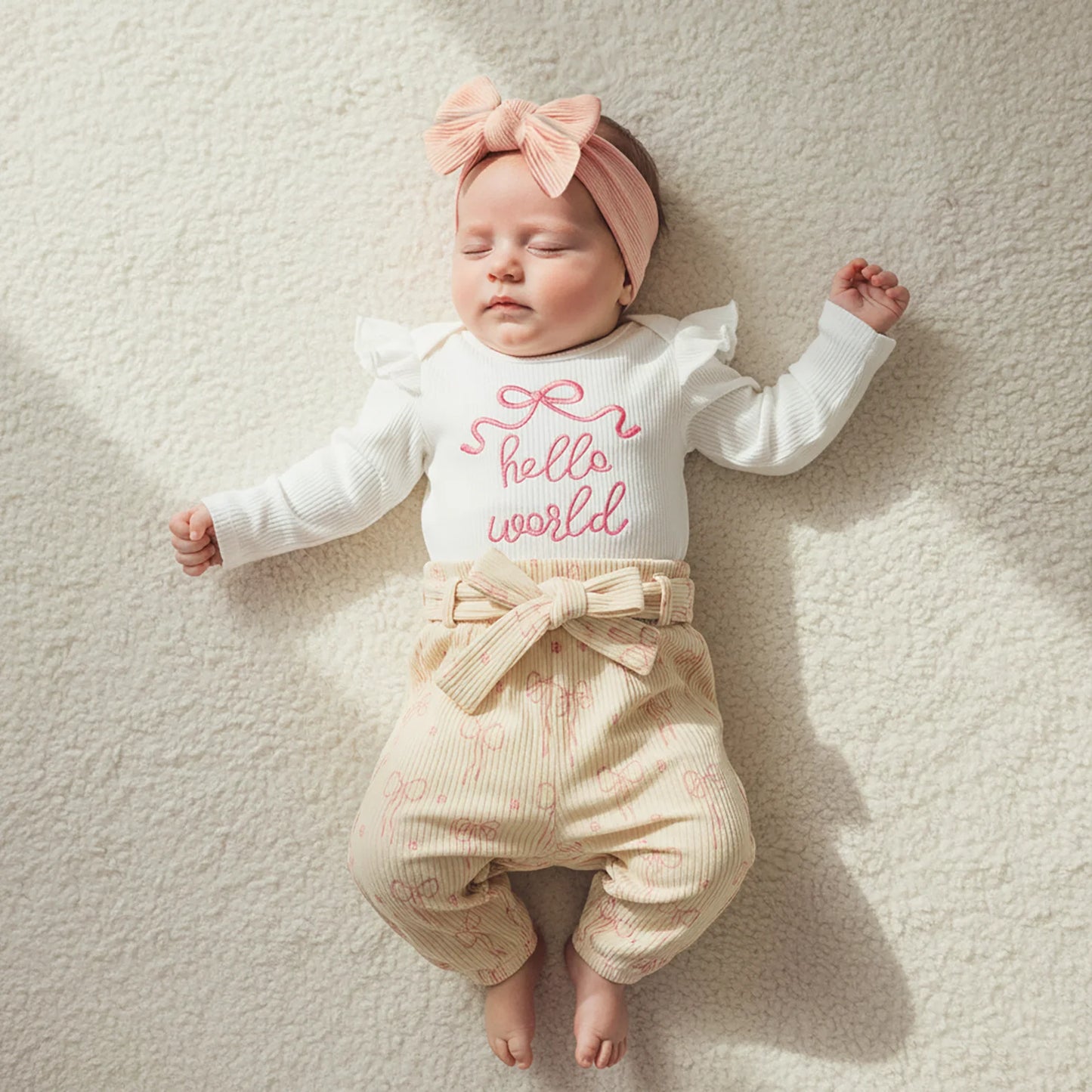 Newborn Baby 4-Piece Outfit Set - Long Sleeve Romper, Pants, Belt & Headband
