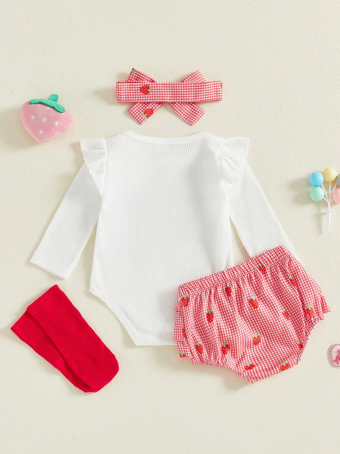 Baby Girls Strawberry Outfit Set - 4-Piece Long Sleeve Romper, Plaid Shorts, Headband & Socks (0-18M)