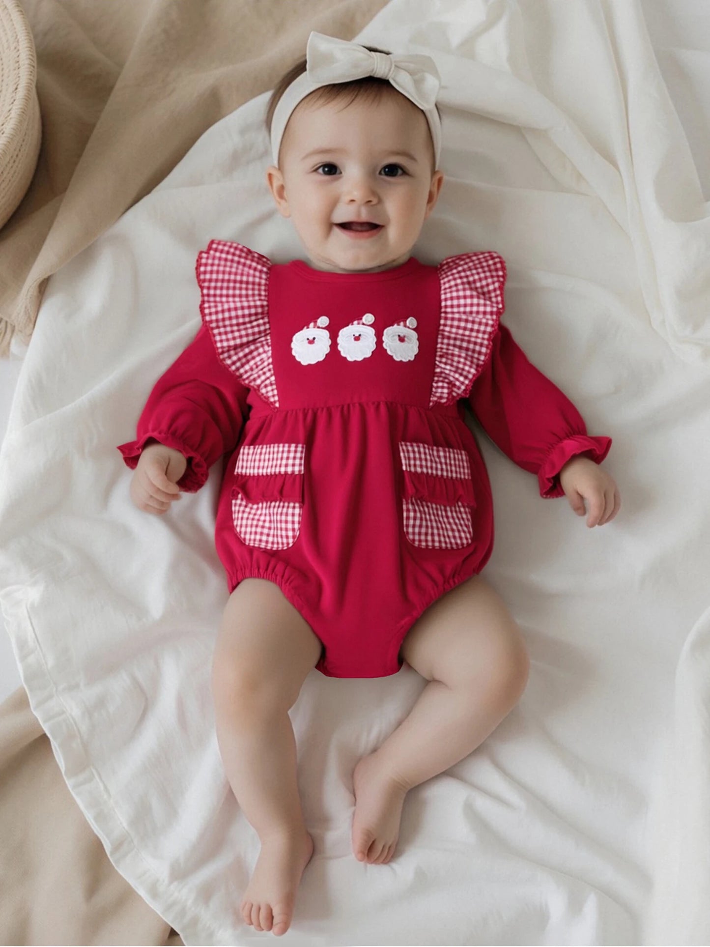 Baby Christmas Romper - Santa Plaid Ruffle Trim Long Sleeve Bodysuit with Pockets (0-18M)