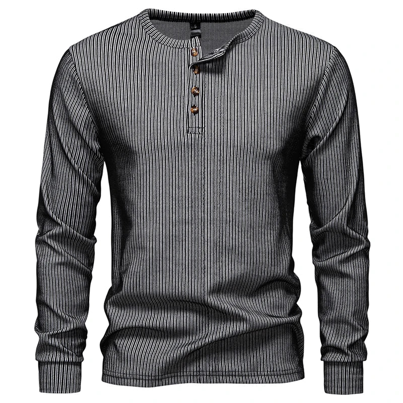 Men's Henry Collar Long Sleeve T-Shirt Solid Striped Smart Casual Pullover