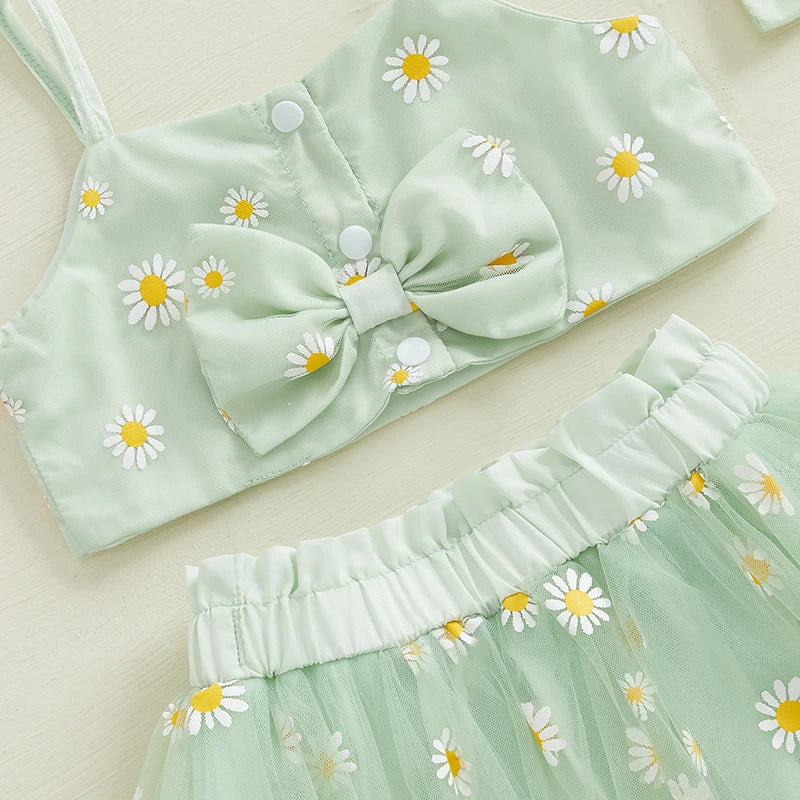 0-3Y Toddler Baby Girls Summer Clothes Sets Sunflowers Print Spaghetti Strap Top and Tulle Skirt Bow Headband