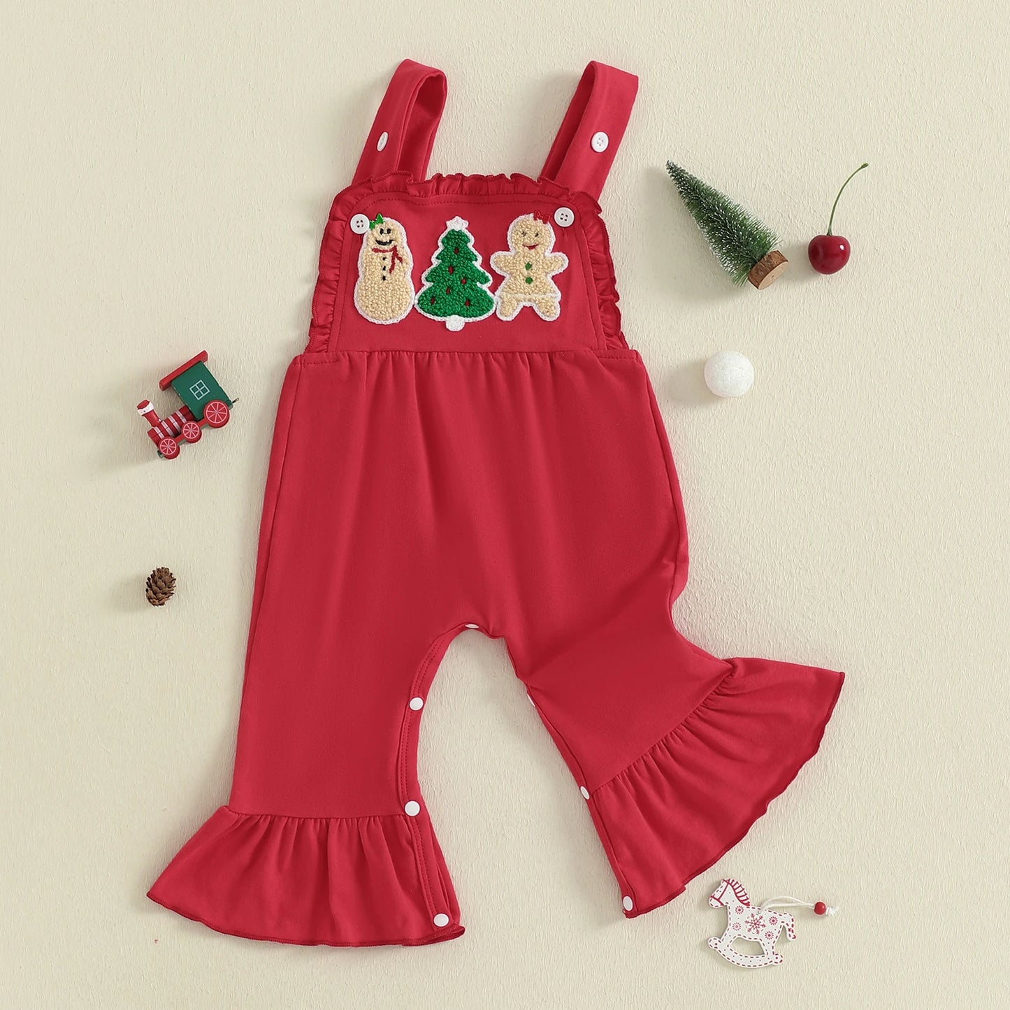 Baby Girls' Christmas Overall Romper - Tree Embroidered Sleeveless Bell Bottom Jumpsuit