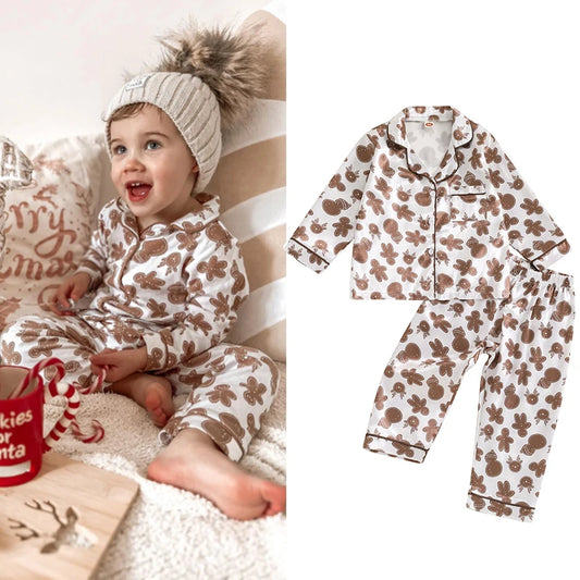 2Pcs Kids Boys Christmas Pyjamas Clothes Sets 2-7Y Long Sleeve Gingerbread Man Print Shirt and Pants