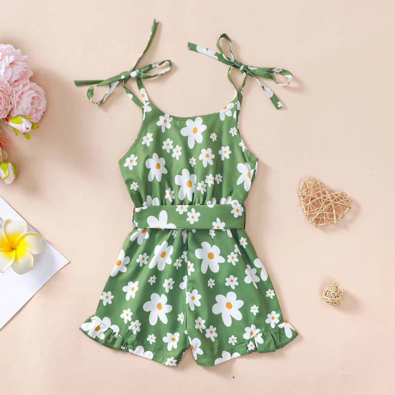 1-5Y Girl Summer Jumpsuits -  Shorts Western Cow/Flowers Print Sleeveless V Neck Button Overalls with Belt