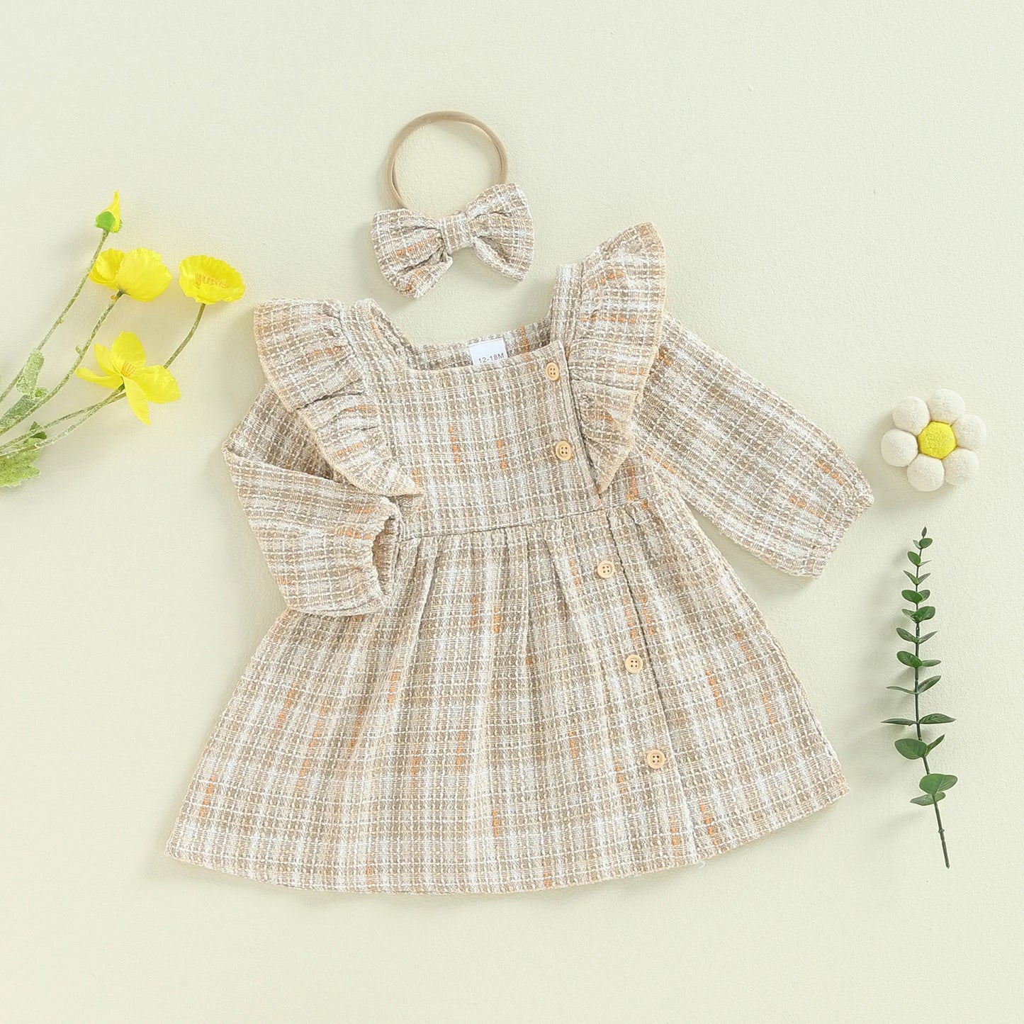 1-5Y Girls Plaid Princess Long Sleeve Square Neck Ruffles Buttons Casual Fall Dress with Headband