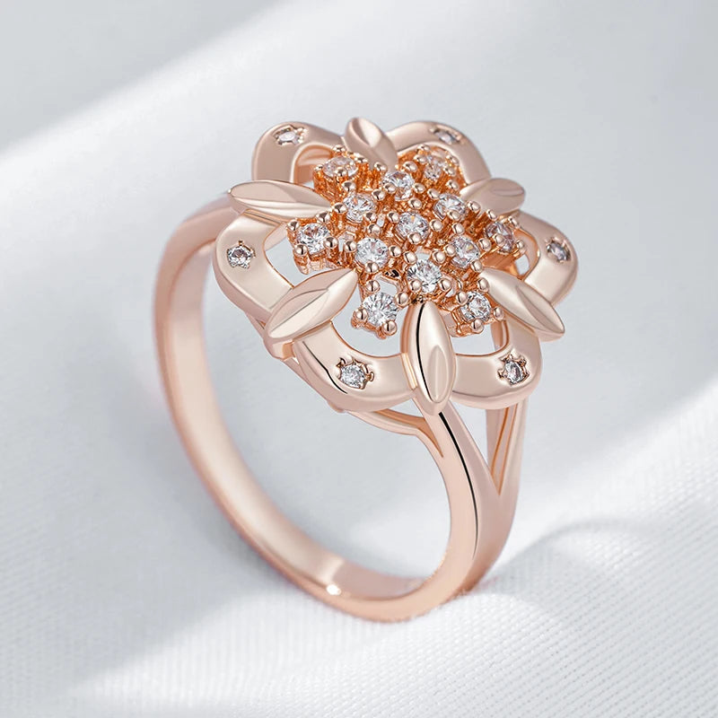 Unique Crystal Flower Wedding Ring - Rose Gold