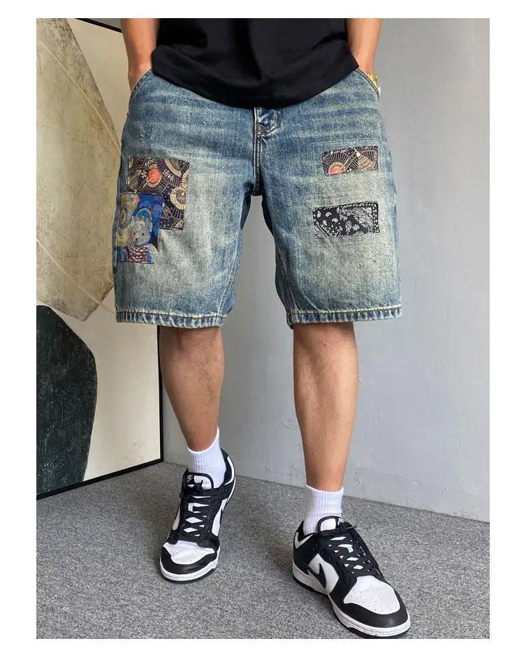 Men's Summer American Casual Embroidery Patch Vintage Denim Shorts