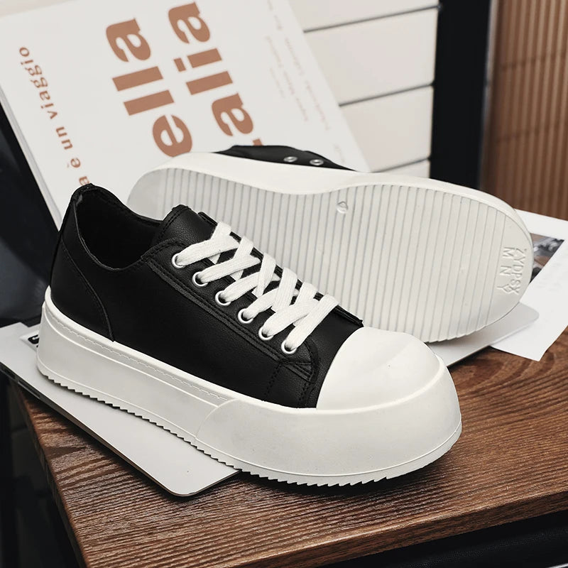 Men's Leather Platform Sneakers - Vulcanized Tennis Sports Shoes