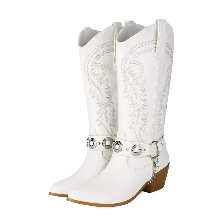 Women's Tapered Circular Metal Chain Chelsea Bohemian Pointed Leather Knee High Boots